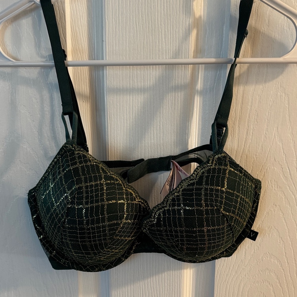 Victoria's Secret Dark Green Plaid Underwire Bra with Metallic Thread
